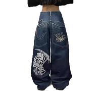 DSAoTeng Damen Jeans mit lockerem Totenkopf-Druck, weites Bein, große Taschen, lässig, Vintage, Y2K, entspannte Passform, niedrige Taille, Gothic-Denim-Hose, Grunge-Streetwear, Dunkelblau 01, L