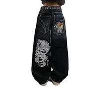 DSAoTeng Damen Jeans mit lockerem Totenkopf-Druck, weites Bein, große Taschen, lässig, Vintage, Y2K, entspannte Passform, niedrige Taille, Gothic-Denim-Hose, Grunge-Streetwear, Dunkelblau-02, M