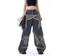 DSAoTeng Damen-Jeans mit Sternen-Patchwork, Baggy, gerades Bein, Denim-Jeans, leger, Y2K, hohe Taille, weites Bein, Raw Edge, Hiphop, Gothic, Streetwear, mehrfarbig, L