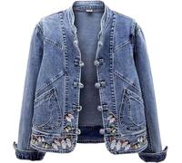 DSAoTeng Damen-Jeansjacke im Vintage-Stil, mit Knöpfen und beiden Seitentaschen, lässig, mit gesticktem Schmetterlings-Design, Stretch, schmale Passform, kurze Oberbekleidung für den Herbst,