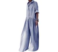 DSAoTeng Damen-Jumpsuits, langärmelig, lockere Knopfleiste, kariert, mit Kragen, lässig, kariert, weites Bein, einteilig, lange Hose für Herbst und Winter, marineblau, XL