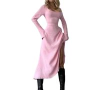 DSAoTeng Damen-Maxikleid mit Glockenärmeln, quadratischem Ausschnitt, Raffhalter, A-Linie, elegant, langärmelig, schmale Passform, Rundhalsausschnitt, seitlich geteilt, figurbetontes Kleid für Party,