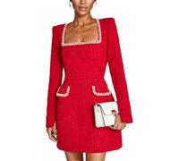 DSAoTeng Damen-Minikleid aus Tweed, langärmelig, quadratischer Ausschnitt, elegant, formell, Perlen, A-Linie, schmale Passform, kurzes Kleid für Business, Party, Cocktailurlaub, rot, M