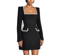 DSAoTeng Damen-Minikleid aus Tweed, langärmelig, quadratischer Ausschnitt, elegant, formell, Perlen, A-Linie, schmale Passform, kurzes Kleid für Business, Party, Cocktailurlaub, Schwarz , S