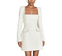 DSAoTeng Damen-Minikleid aus Tweed, langärmelig, quadratischer Ausschnitt, elegant, formell, Perlen, A-Linie, schmale Passform, kurzes Kleid für Business, Party, Cocktailurlaub, weiß, XL