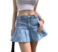 DSAoTeng Damen Plissee-Denim-Minirock Y2K A-Linie Rüschen hoher Bund mit Anti-Rutsch-Shorts L, Blau