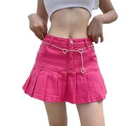 DSAoTeng Damen Plissee Denim Rock - Y2K Minirock Jeans Casual A-Linie Rüschen Hoher Bund Kurze Röcke Mit Eingebauten Anti-Rutsch-Shorts (L,Rosa)