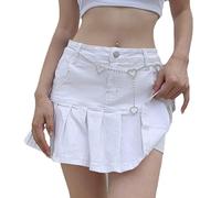 DSAoTeng Damen Plissee Denim Rock - Y2K Minirock Jeans Casual A-Linie Rüschen Hoher Bund Kurze Röcke Mit Eingebauten Anti-Rutsch-Shorts (M,Weiß)