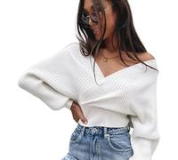 DSAoTeng Damen-Pullover mit V-Ausschnitt, langärmelig, überkreuzt, schulterfrei, bauchfrei, lässig, einfarbig, Strickpullover, Herbst, Frühling, weiß, L