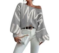 DSAoTeng Damen-Pullover, schulterfrei, lange Laternenärmel, Strickpullover, lässig, trendig, Y2K, Rundhalsausschnitt, lockere Passform, für Herbst und Winter, grau, XL