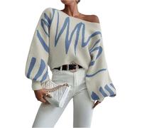 DSAoTeng Damen-Pullover, schulterfrei, lange Laternenärmel, Strickpullover, lässig, trendig, Y2K, Rundhalsausschnitt, lockere Passform, für Herbst und Winter, beige, XL