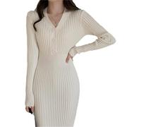 DSAoTeng Damen-Pulloverkleid, schmal, Knopf, V-Ausschnitt, langärmelig, gerippt, lässig, über Knie, figurbetontes Strickkleid, Midikleid für Herbst, Winter, Party, Outdoor, cremeweiß, S
