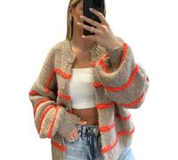 DSAoTeng Damen-Strickjacke, langärmelig, vorne offen, gestreift, Knopfleiste, lässig, trendig, weich, Rundhalsausschnitt, gerippt, Herbstpullover, Oberbekleidung, braun, M