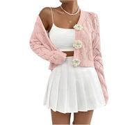 DSAoTeng Damen-Strickjacke mit Blumenmuster, gehäkelt, Knopfleiste, lange Ärmel, ausgeschnittener Schnitt, lässig, 3D-Blume, V-Ausschnitt, Strick, vorne offen, Oberbekleidung, rose, Einheitsgröße