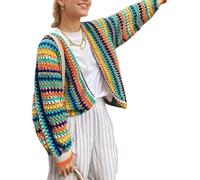 DSAoTeng Damen Strickjacke mit buntem Streifen, lockere Vorderseite, vorne offen, lässig, übergroß, Laterne, langärmelig, Regenbogen-Strickoberbekleidung, mehrfarbig, L