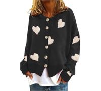 DSAoTeng Damen-Strickjacke mit Herzmuster, bestickt, langärmelig, Rundhalsausschnitt, gemütlicher Liebesdruck, Strickpullover, Outwear für Herbst und Winter, Schwarzes Herz, M