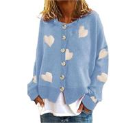 DSAoTeng Damen-Strickjacke mit Herzmuster, blau, bestickt, Rundhals, langärmelig, XL