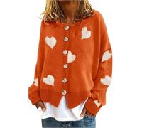 DSAoTeng Damen-Strickjacke – bestickt mit Herzmuster, langärmelig, Rundhalsausschnitt, Orange – XL