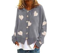 DSAoTeng Damen-Strickjacke mit Herzmuster, bestickt, langärmelig, Rundhalsausschnitt, gemütlicher Liebesdruck, Strickpullover, Outwear für Herbst und Winter, Herzgrau, XL