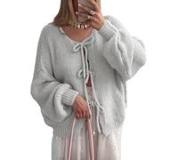 DSAoTeng Damen Strickjacke mit niedlicher Schleife, Puff, vorne zum Binden, lässig, gerippt, locker, zum Schnüren, Herbst, Winter, langärmelig, Oberbekleidung, grau, L