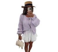 DSAoTeng Damen Strickjacke mit Schleife und Puffärmeln, vorne zum Binden – Violett XL