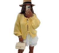 DSAoTeng Damen Strickjacke mit niedlicher Schleife, Puff, vorne zum Binden, lässig, gerippt, locker, zum Schnüren, Herbst, Winter, langärmelig, Oberbekleidung, gelb, L