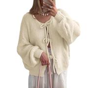 DSAoTeng Damen Strickjacke mit niedlicher Schleife, Puff, vorne zum Binden, lässig, gerippt, locker, zum Schnüren, Herbst, Winter, langärmelig, Oberbekleidung, aprikose, L