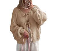 DSAoTeng Damen Strickjacke mit niedlicher Schleife, Puff, vorne zum Binden, lässig, gerippt, locker, zum Schnüren, Herbst, Winter, langärmelig, Oberbekleidung, khaki, S