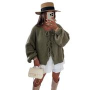 DSAoTeng Damen Strickjacke mit niedlicher Schleife, Puff, vorne zum Binden, lässig, gerippt, locker, zum Schnüren, Herbst, Winter, langärmelig, Oberbekleidung, armee-grün, S