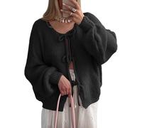 DSAoTeng Damen Strickjacke mit Schleife, Puffärmel, gerippt, vorn zum Binden, Schwarz XL
