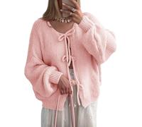 DSAoTeng Damen Strickjacke mit niedlicher Schleife, Puff, vorne zum Binden, lässig, gerippt, locker, zum Schnüren, Herbst, Winter, langärmelig, Oberbekleidung, rose, S