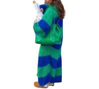 DSAoTeng Damen-Strickjacke, übergroß, vorne offen, lange Ärmel, gestreift, weich, locker, Farbblock, grob, Staubwedel, Pullover, Mantel für Herbst und Winter, blau / grün, M