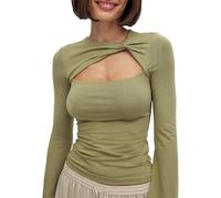 DSAoTeng Damen-Top, schmal, langärmlig, einfarbig, gedrehte Aussparungen, lässig, modisch, sexy, überkreuzter Ausschnitt, gerippt, enganliegend, Streetwear, Herbst, grün, M