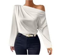 DSAoTeng Damen-Tunika, locker, schulterfrei, einfarbig, asymmetrisch, lässig, elegant, Satin, Fledermausflügel, langärmelig, Pullover für Frühling und Herbst, weiß, L