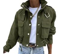 DSAoTeng Damenjacke mit hohem Kragen, einfarbig, Reißverschluss, kurze Jacke, mit Tasche, lässig, stilvoll, Motorrad-Biker-Mantel für Frühling, Herbst, Outdoor-Kleidung, armee-grün, XL