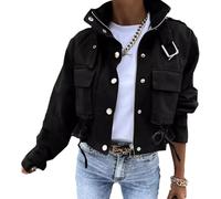 DSAoTeng Damenjacke mit hohem Kragen, einfarbig, Reißverschluss, kurze Jacke, mit Tasche, lässig, stilvoll, Motorrad-Biker-Mantel für Frühling, Herbst, Outdoor-Kleidung, Schwarz , M