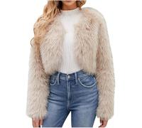 DSAoTeng Flauschiger Damen-Bolero, vorne offen, Kunstfell, einfarbig, lässig, bauchfrei, dick, weich, flauschig, Kunstfell, warm, Rundhalsausschnitt, für den Winter (Beige, L), beige, L