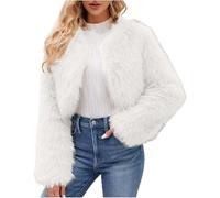 DSAoTeng Flauschiger Damen-Bolero, vorne offen, Kunstfell, einfarbig, lässig, bauchfrei, dick, weich, flauschig, Kunstfell, warm, Rundhalsausschnitt, Jacke für den Winter, weiß, L