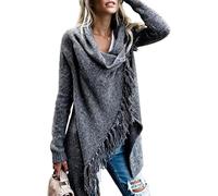 DSAoTeng Langer Strickmantel für Damen, Poncho mit Quastensaum, lässig, mit Knopfleiste, vorne offen, einfarbig, lockerer Strickmantel für Herbst und Winter, dunkelgrau, S