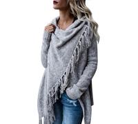 DSAoTeng Langer Strickmantel für Damen, Poncho mit Quastensaum, lässig, mit Knopfleiste, vorne offen, einfarbig, lockerer Strickmantel für Herbst und Winter, hellgrau, XL