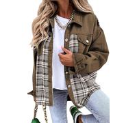 DSAoTeng Leichte Damenjacke mit Tasche, langärmelig, lässig, kariert, geknöpft, Jeansjacke, Boyfriend-Knopf, lockere Jeans, Mantel, Mädchen, bequeme Outwear, braun, 42