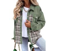DSAoTeng Leichte Damenjacke mit Tasche, langärmelig, lässig, kariert, geknöpft, Jeansjacke, Boyfriend-Knopf, lockere Jeans, Mantel, Mädchen, bequeme Outwear, grün, 38