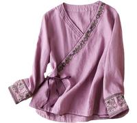 DSAoTeng Traditionelles chinesisches Hemd für Damen, Vintage-Bluse, Langarm-Oberteile, Hanfu-Tang-Anzug, Stickerei, Zen-Kleidung, violett, XL