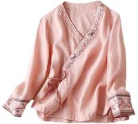 DSAoTeng Traditionelles chinesisches Vintage-Hemd, langärmlig, für Damen, Hanfu Tang, bestickt, Zen-Kleidung, Rosa, X-Large