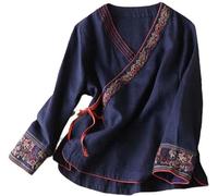 DSAoTeng Traditionelles Hemd für Damen, chinesische Vintage-Bluse, langärmelig, Hanfu, Tang-Anzug, Stickerei, Zen-Kleidung, navy, XS