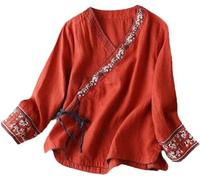 DSAoTeng Damen-Hemd – Traditionelle chinesische Hanfu-Bluse, langärmelig, Stickerei, Rot M