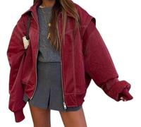 DSAoTeng Übergroße Damen-Bomberjacke aus Leder, mit Reißverschluss, Vintage-Stil, Motorradjacke, Mantel, Oberbekleidung für Herbst und Winter, Biker-Stil, rot, S