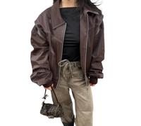 DSAoTeng Übergroße Damen-Bomberjacke aus Leder, mit Reißverschluss, Vintage-Stil, Motorradjacke, Mantel, Oberbekleidung für Herbst und Winter, Biker-Stil, coffee, M