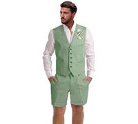 Dsteng Herren-Leinenanzug, 2-teilig, Kurze Anzüge für Herren, lässig, Sommer, Strand, Hochzeit, Anzug, Leinenweste, Shorts-Set, Salbeigrün, 5XL