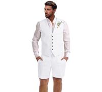 Dsteng Herren-Leinenanzug, 2-teilig, kurze Anzüge für Herren, lässig, Sommer, Strand, Hochzeit, Anzug, Leinenweste, Shorts-Set, Weiss/opulenter Garten, M